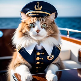 domestic longhair cat as a captain on a luxury yacht, wearing captain uniform, against a blue sea.