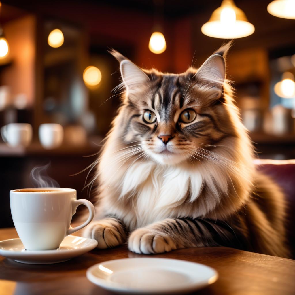 domestic longhair cat sitting in a cozy coffee shop with a cup of coffee, detailed and vibrant.