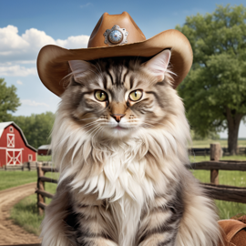 domestic longhair cat as a cowboy wearing a hat, in the midwest countryside, on a farm.