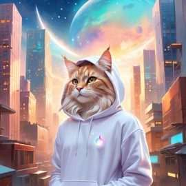 domestic longhair cat in a white hoodie, featuring a magical and ethereal urban setting with a cute and happy vibe.