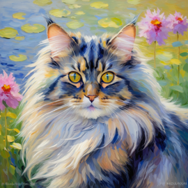 domestic longhair cat in the style of monet, featuring delicate brush strokes and a classic, artistic appearance.