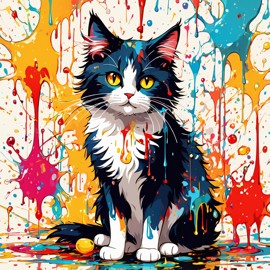 domestic longhair cat in pollock's drip technique, capturing dynamic and colorful modern art.