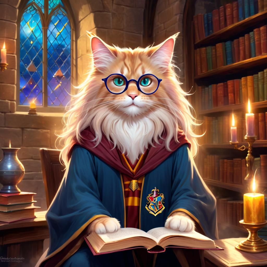 domestic longhair cat as harry potter, with glasses and a magical hogwarts setting, evoking a celestial and epic feel.