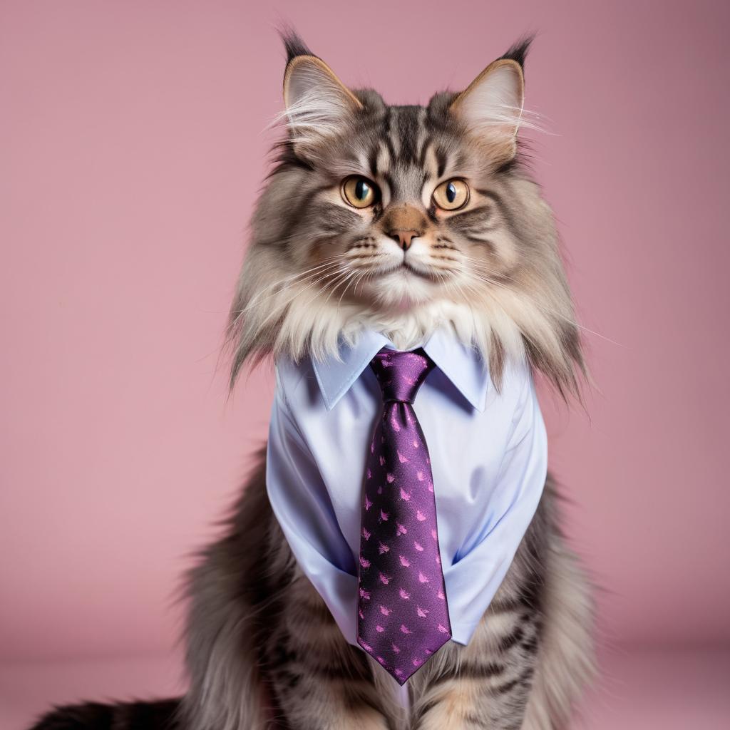 domestic longhair cat in a stylish shirt and tie, with a diffused background, capturing their cute and professional side.