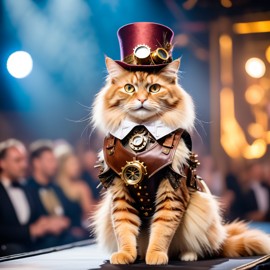 domestic longhair cat strutting down the fashion show catwalk stage in an elaborate steampunk outfit featuring leather harnesses, brass gears, and a top hat, high energy and dramatic.