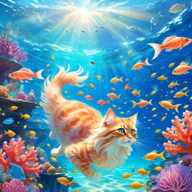 domestic longhair cat swimming in a magical blue ocean with colorful fish and coral reef, capturing a dreamy and adventurous underwater scene.