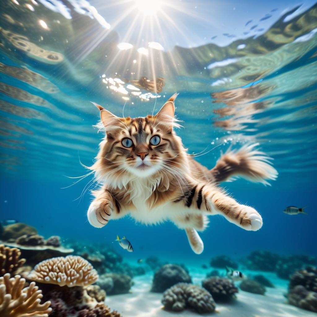 domestic longhair cat swimming in a vibrant blue ocean with fish and coral reef, capturing a sunny and happy underwater scene.