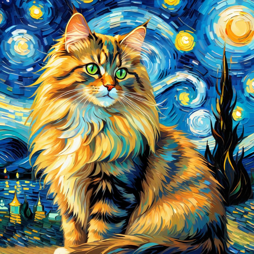 domestic longhair cat by van gogh, featuring starry night brush strokes, capturing a cute and happy expression.