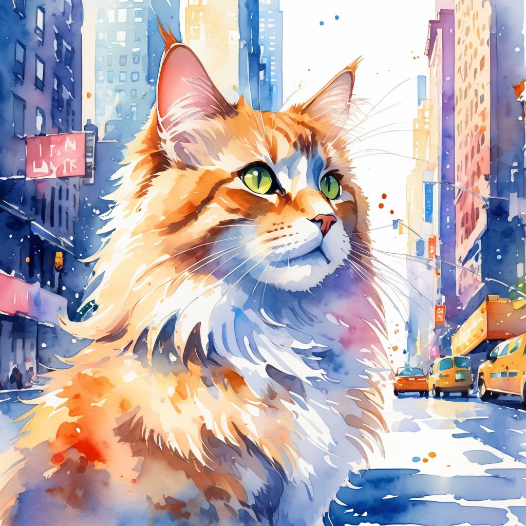 domestic longhair cat in new york, rendered in a vibrant watercolor illustration, with a highly detailed and happy depiction.