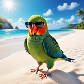 lovebird bird on a beautiful beach with white sand and blue sea, wearing sunglasses.