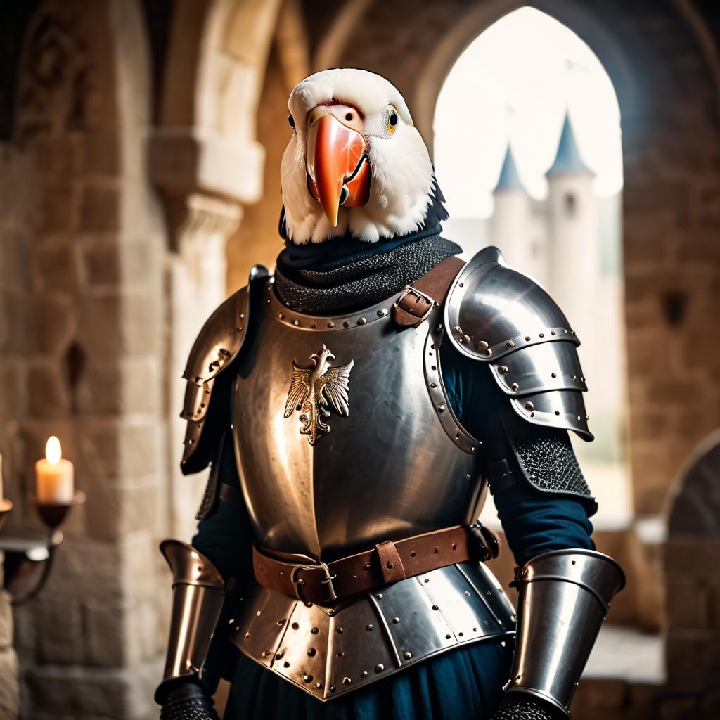 lovebird bird as a medieval knight in a cinematic film still, detailed armor, set in a grand medieval castle.