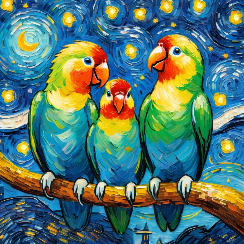 lovebird bird by van gogh, featuring starry night brush strokes, capturing a cute and happy expression.