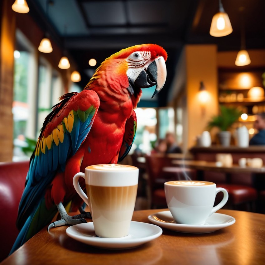 macaw bird sitting in a cozy coffee shop with a cup of coffee, detailed and vibrant.