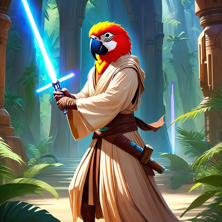 macaw bird as a jedi knight, with a lightsaber and star wars backdrop in a celestial, painterly style.