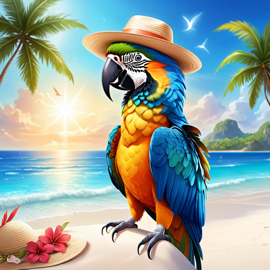 macaw-bird-on-a-beach-with-white-sand-and-blue-sea-wearing-sunglasses-and-summer-hat-763c1ad6e8a54150b15d96092fc499c6