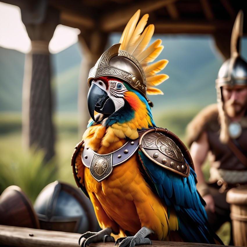 macaw bird as a viking, wearing traditional armor and helmet, set in a detailed viking environment.