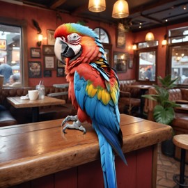 macaw bird sitting in a cozy coffee shop, lifelike and detailed.