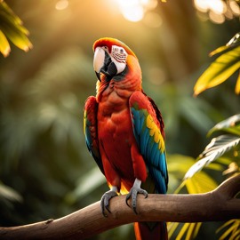 macaw bird in golden hour light, highlighting their beauty in nature with a moody and detailed atmosphere.