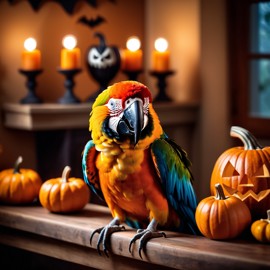 macaw bird in a halloween costume with pumpkins and eerie decorations, highlighting their festive spirit.