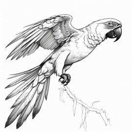 pencil sketch drawing of macaw bird, detailed line art in black and white, capturing a timeless and elegant representation.