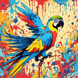 macaw bird in pollock's drip technique, capturing dynamic and colorful modern art.