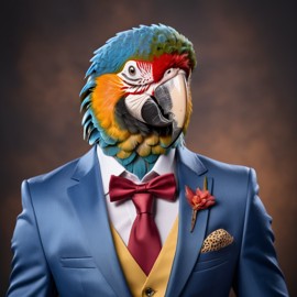 macaw bird in a stylish suit, posing against a diffused background, looking cute and professional.