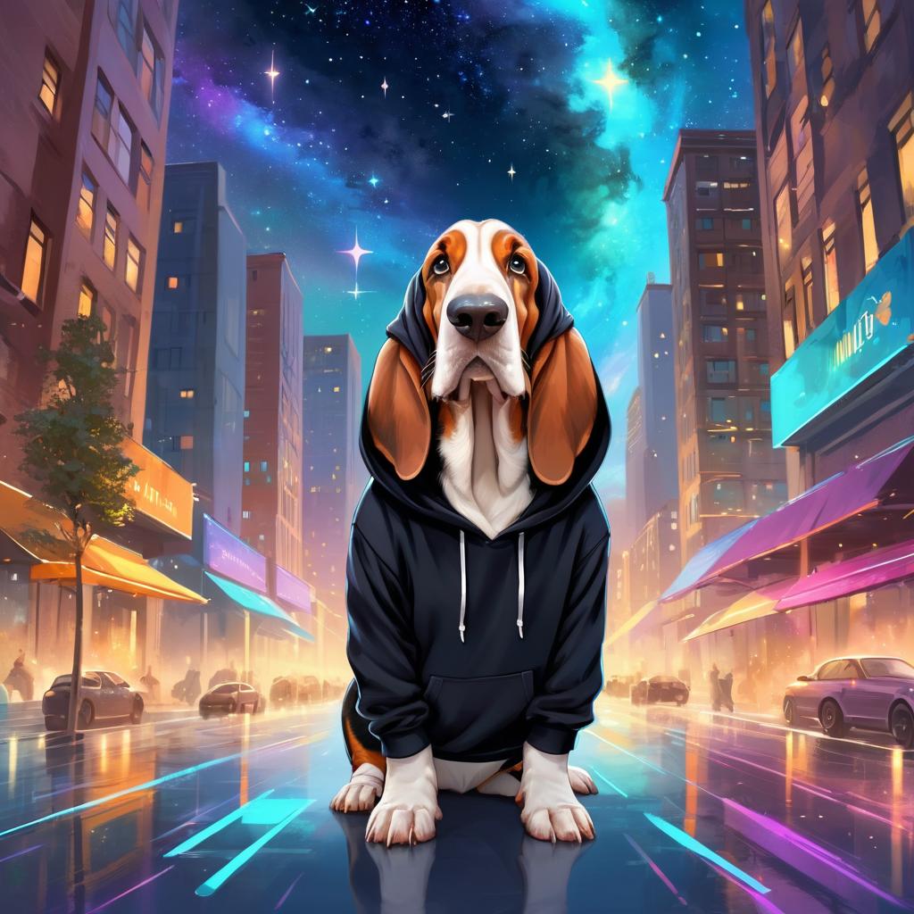 basset hound in a black hoodie, set in a magical urban environment with a celestial and cute appearance.