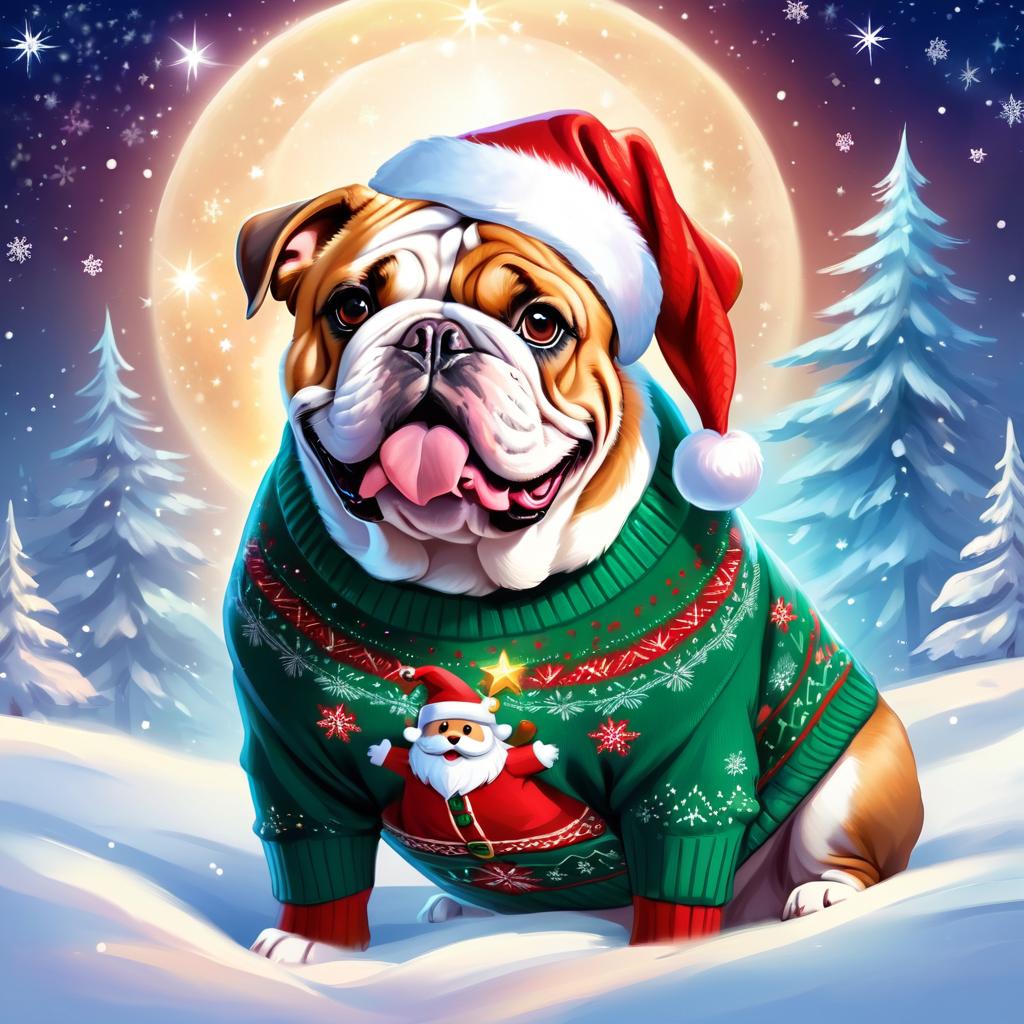 bulldog in a christmas sweater and santa hat, ethereal and magical.