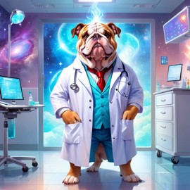 bulldog as a doctor in a magical hospital setting, ethereal and dreamy with celestial details.