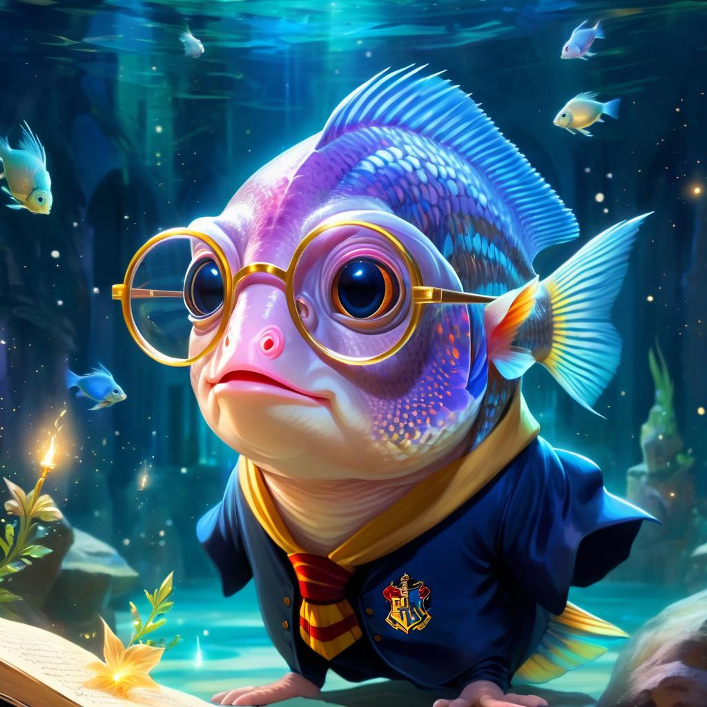 cichlid fish as harry potter, with glasses and a magical hogwarts setting, evoking a celestial and epic feel.