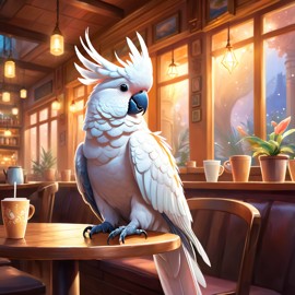 cockatoo bird sitting in a cozy coffee shop, ethereal and magical.