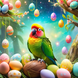 conure bird in a magical easter setting with colorful eggs, ethereal and dreamy details.