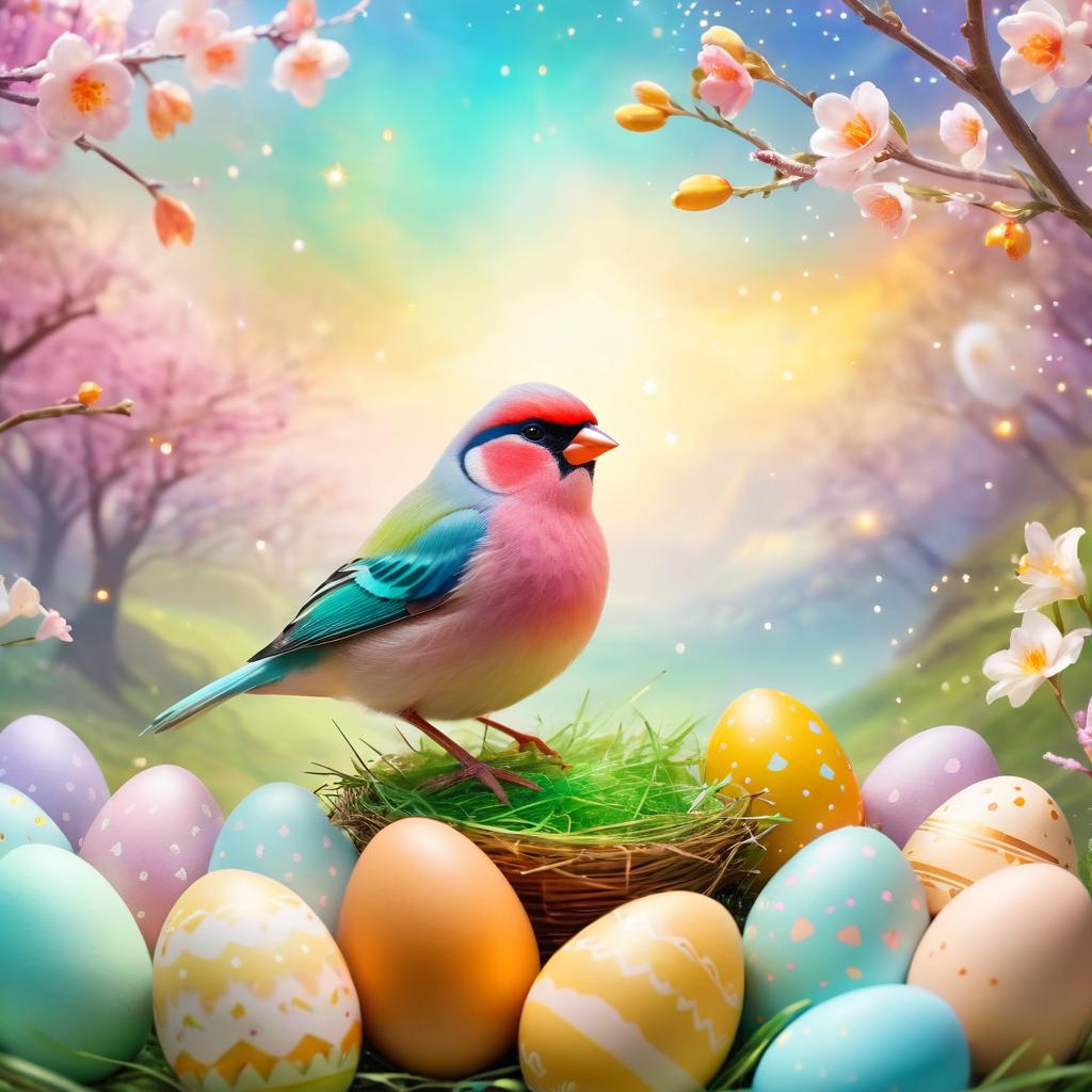 finch bird in a magical easter setting with colorful eggs, ethereal and dreamy details.