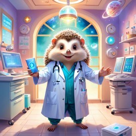 european hedgehog as a doctor in a magical hospital setting, ethereal and dreamy with celestial details.