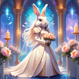 fantasy wedding art of lionhead rabbit in a beautiful wedding suit, set in a dreamy, magical environment, looking cute and happy.