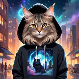 domestic longhair cat in a black hoodie, set in a magical urban environment with a celestial and cute appearance.