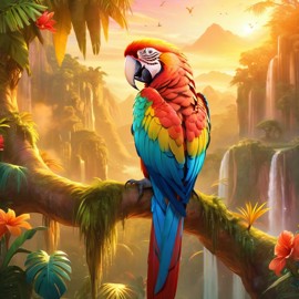 macaw bird during golden hour, with a celestial and magical atmosphere, capturing their beauty in a dreamy setting.