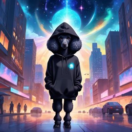 poodle in a black hoodie, set in a magical urban environment with a celestial and cute appearance.