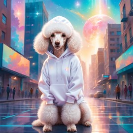 poodle in a white hoodie, featuring a magical and ethereal urban setting with a cute and happy vibe.