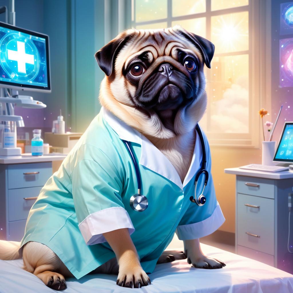 pug as a doctor in a magical hospital setting, ethereal and dreamy with celestial details.