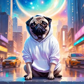 pug in a white hoodie, featuring a magical and ethereal urban setting with a cute and happy vibe.