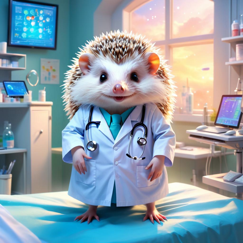 african pygmy hedgehog as a doctor in a magical hospital setting, ethereal and dreamy with celestial details.