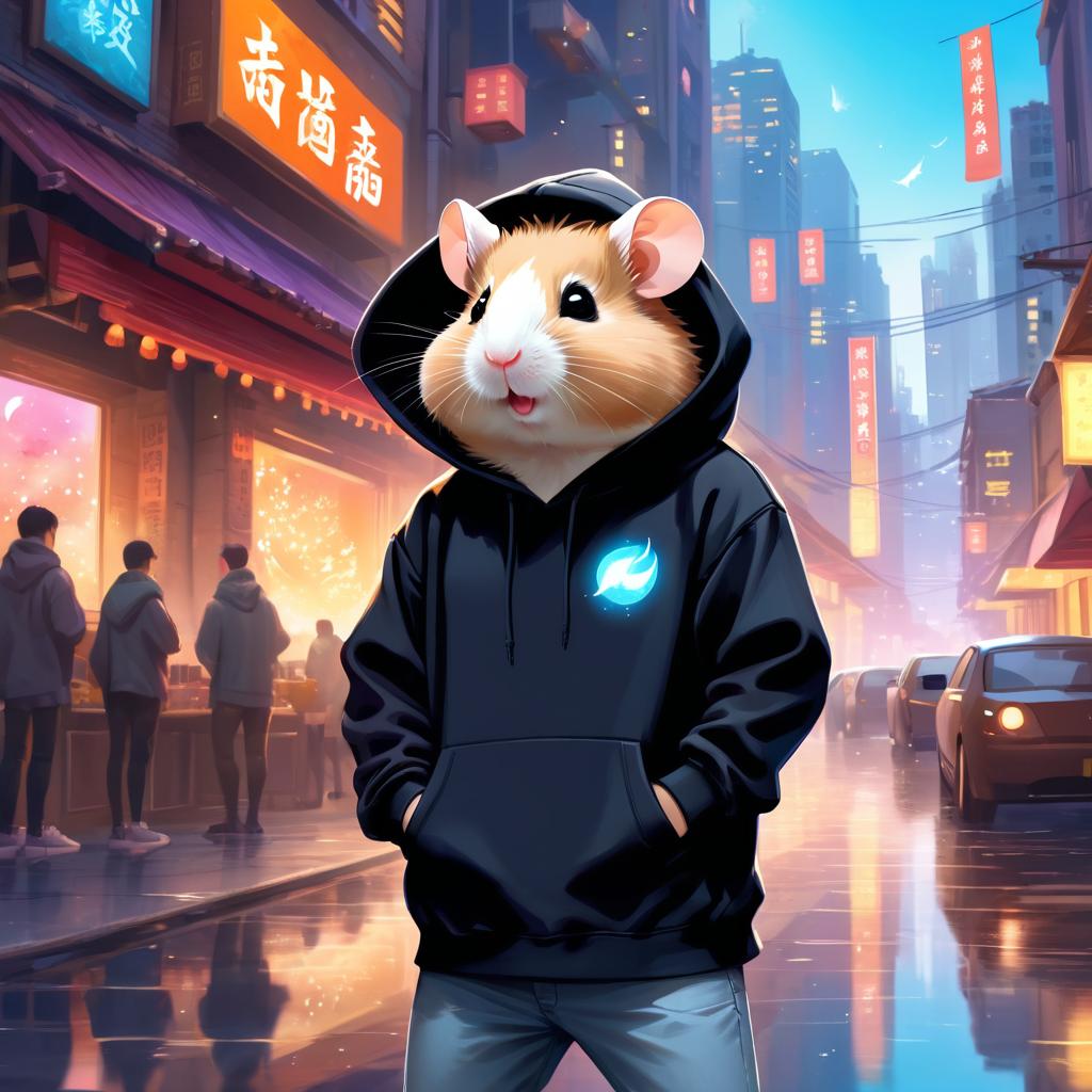 chinese hamster in a black hoodie, set in a magical urban environment with a celestial and cute appearance.