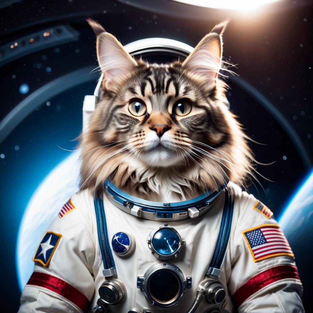 maine coon cat as astronaut in space, wearing spacesuit, with spacestation background.