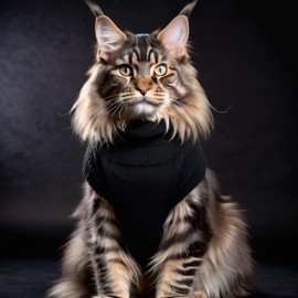 maine coon cat in a black turtleneck, against a diffused background, looking cute and elegant.