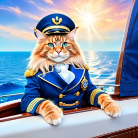 maine coon cat as a captain on a luxury yacht, wearing captain uniform, ethereal and majestic.