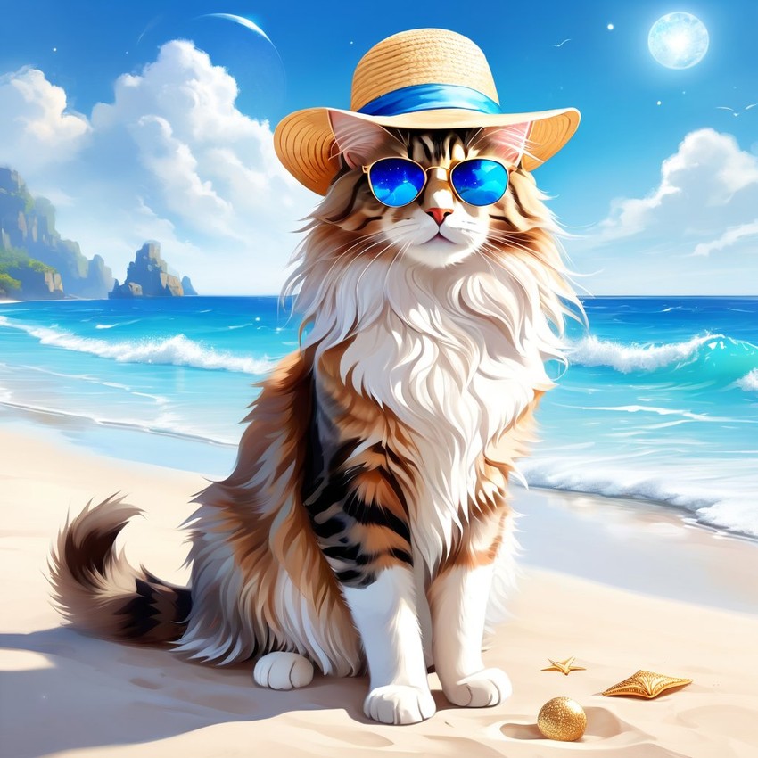 maine coon cat on a beach with white sand and blue sea, wearing sunglasses and summer hat.