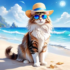 maine-coon-cat-beach-white-sand-blue-sea-sunglasses-summer-hat-b126aadef0fc47bf9aec85371828b819