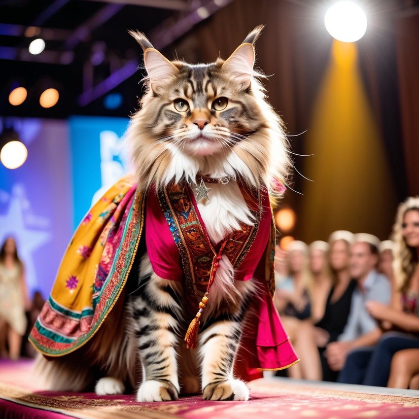 maine coon cat strutting down the fashion show catwalk stage in a colorful bohemian outfit with flowing fabrics, high energy and joyful.