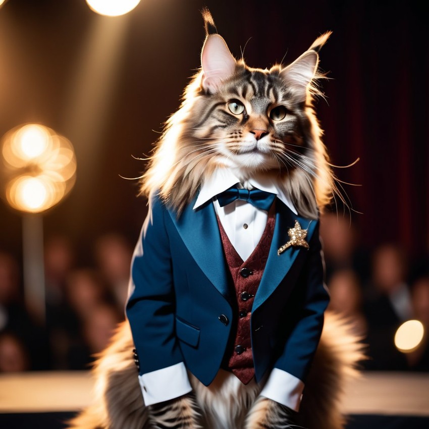 maine coon cat in a classy suit on a fashion stage, showcasing elegance and charm in a highly detailed, epic scene.